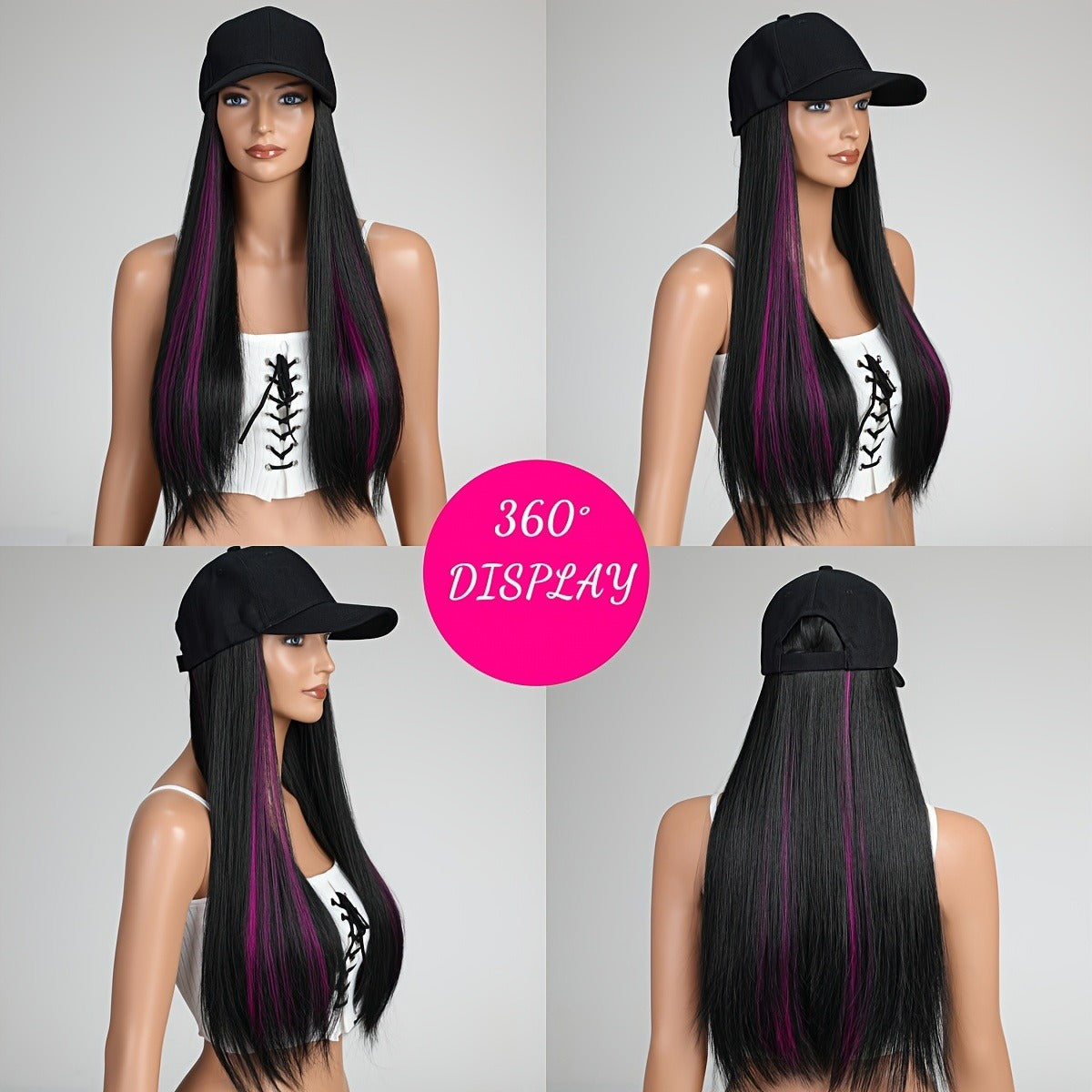 22" Long Straight Synthetic Wig with Baseball Cap - Heat Resistant, Natural Black Hair Extension for Women, Elegant Style, Adds Volume & Length, Perfect for Casual or Formal Occasions, Versatile Hairpiece, Sleek Hairpiece, Heatresistant Fiber