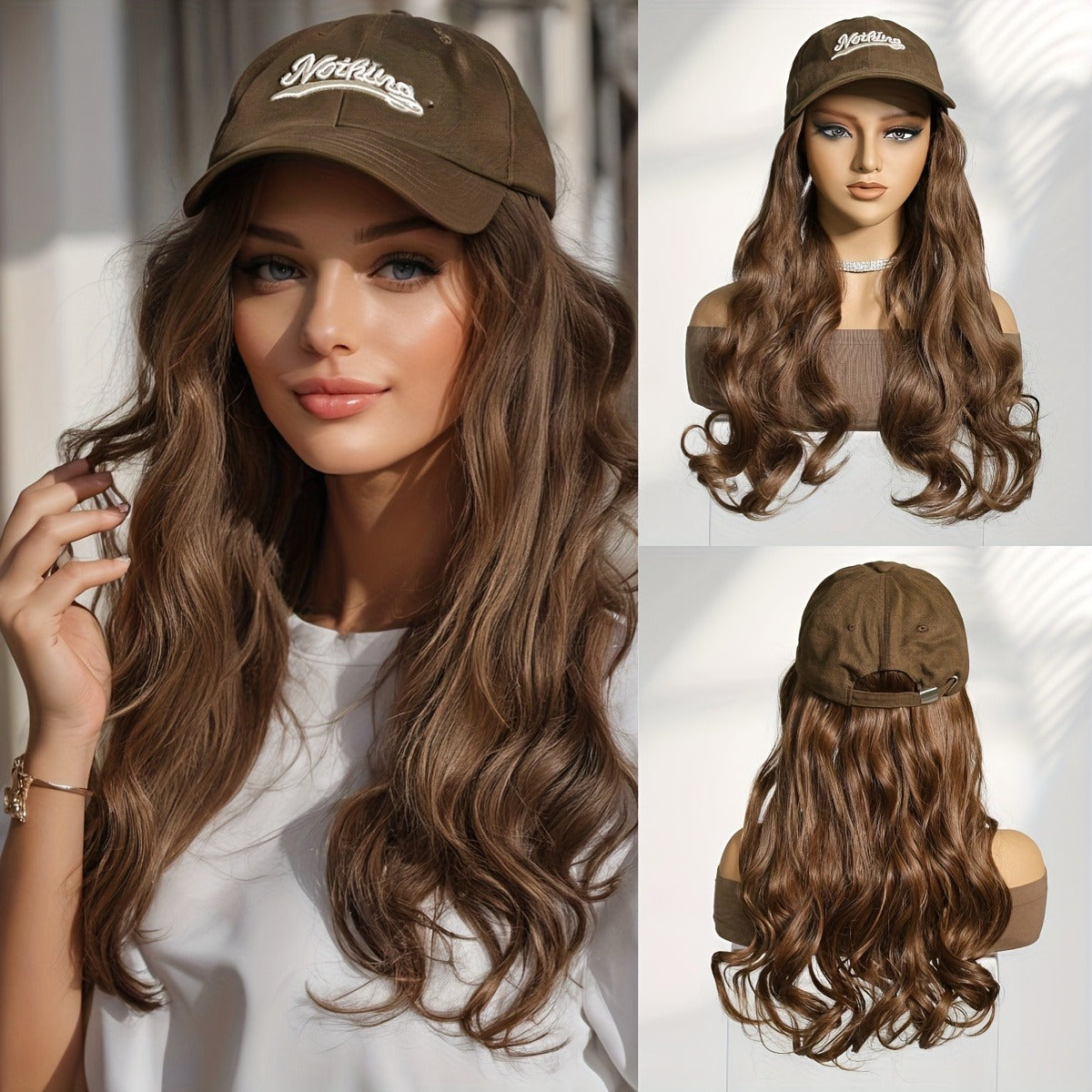 Brown Baseball Cap Plus Wig All In One, 16 Inches Long Wavy Curls Curly Hair. Suitable for Fall And Winter, Easy to Wear And Convenient, Made Of High Temperature High temperature fiber, The Wig Can Be Blown Or Curled, Good Care Of It