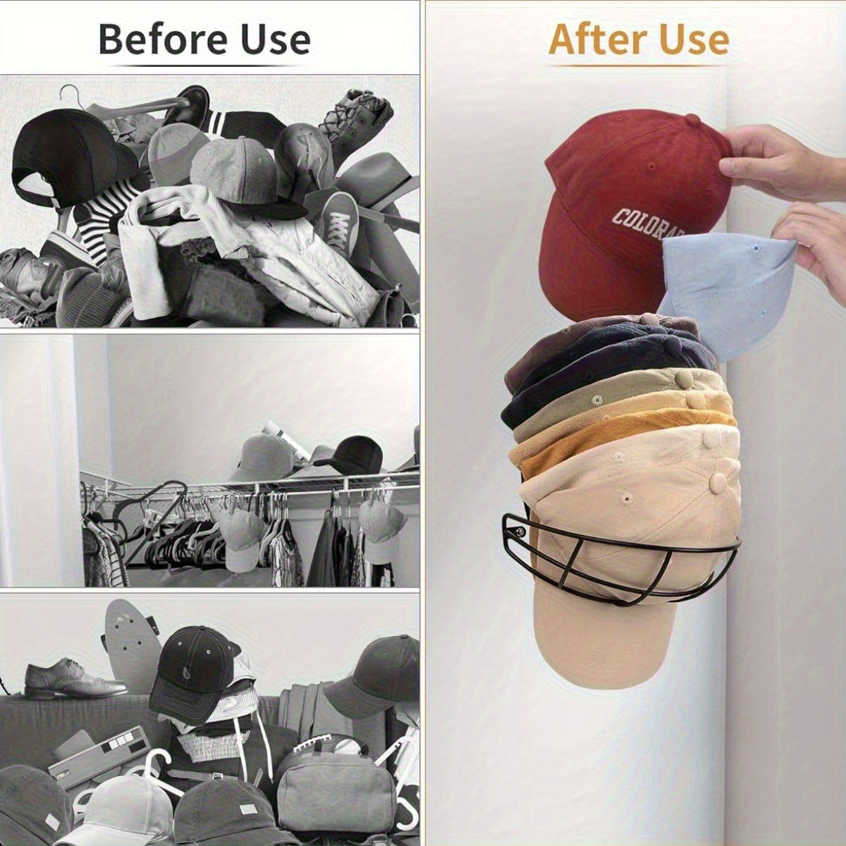 Hat Racks for Baseball Cap 2- Pack Metal Hat Organizer Black Hat Holder for Wall, Hat Hangers Hat Storage Organizer Wall Mounted/ Drill Free Adhesive Cap Rack for Closet Door, Hold up to 30 Hats