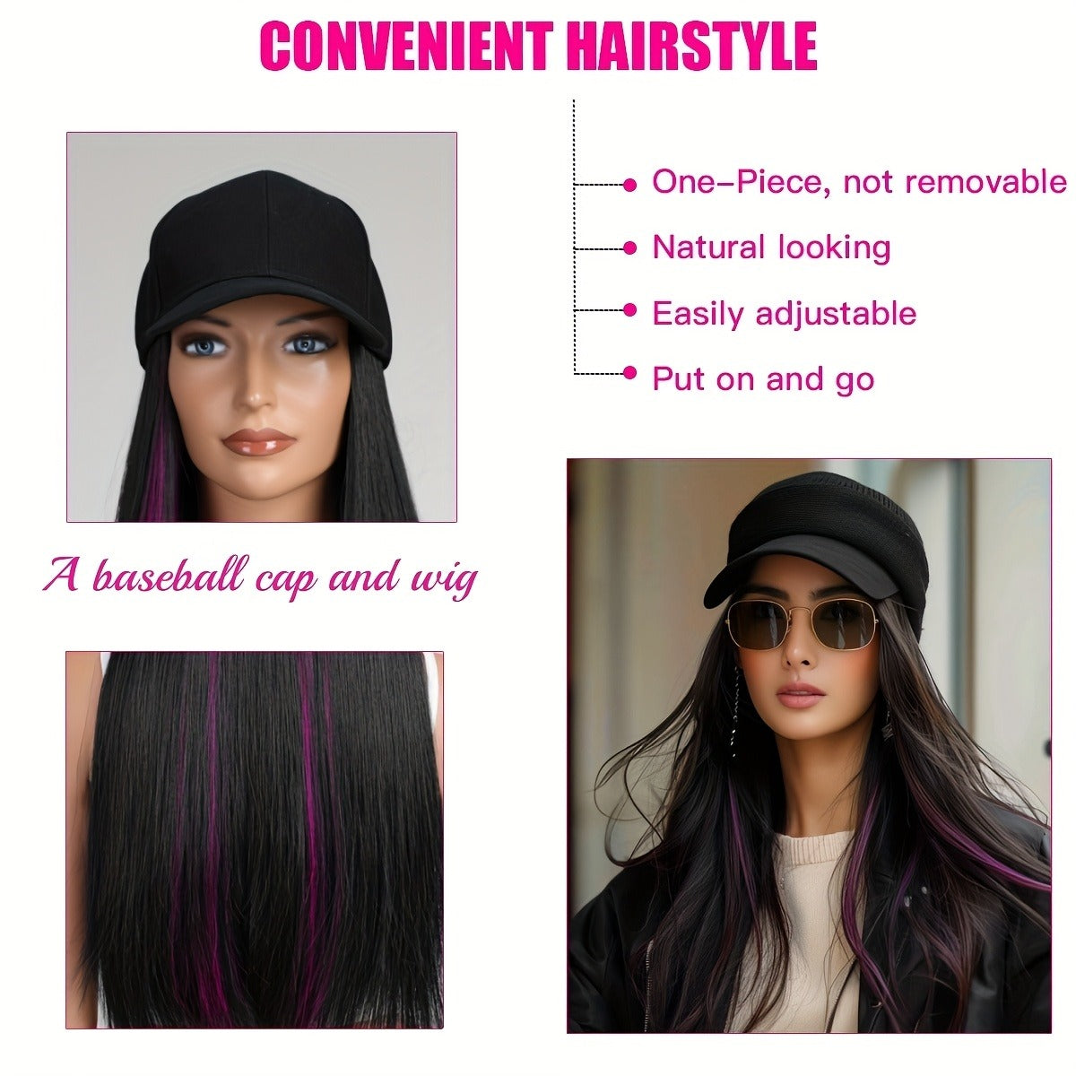 22" Long Straight Synthetic Wig with Baseball Cap - Heat Resistant, Natural Black Hair Extension for Women, Elegant Style, Adds Volume & Length, Perfect for Casual or Formal Occasions, Versatile Hairpiece, Sleek Hairpiece, Heatresistant Fiber