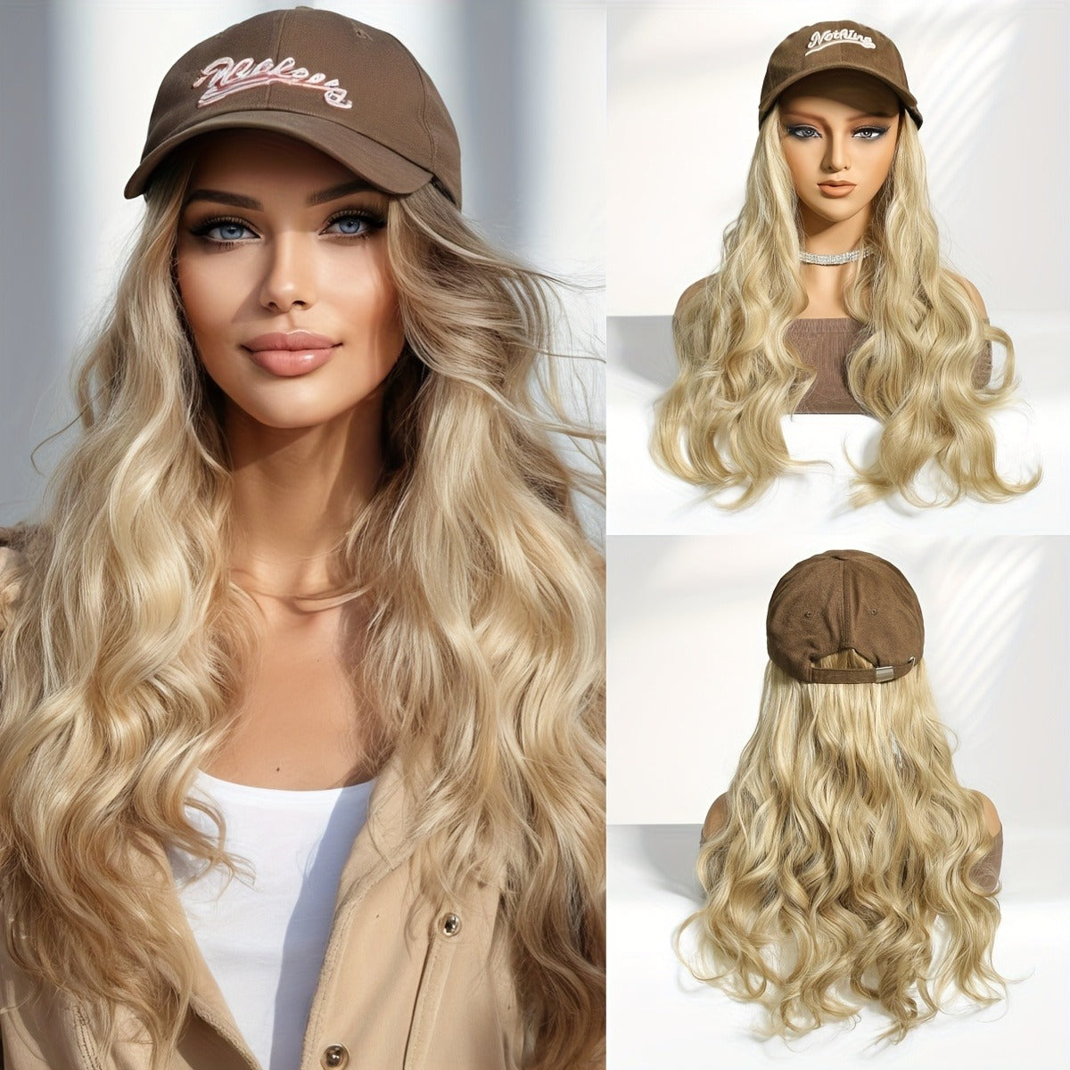 Brown Baseball Cap Plus Wig All In One, 16 Inches Long Wavy Curls Curly Hair. Suitable for Fall And Winter, Easy to Wear And Convenient, Made Of High Temperature High temperature fiber, The Wig Can Be Blown Or Curled, Good Care Of It