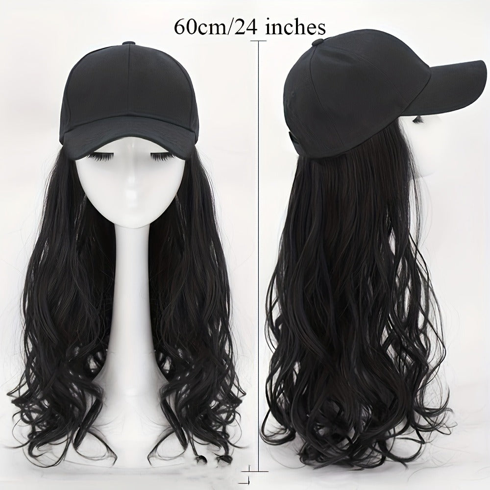 All-in-One Long Body Wave Afro Curly/Kinky Hat Wig with Adjustable Baseball Cap - Synthetic Fiber Hair Wig for Women, Elegant & Casual Style for Halloween Costumes, Cosplay, Casual Attire (All Ethnicities), Wig Accessories, Costume Accessory