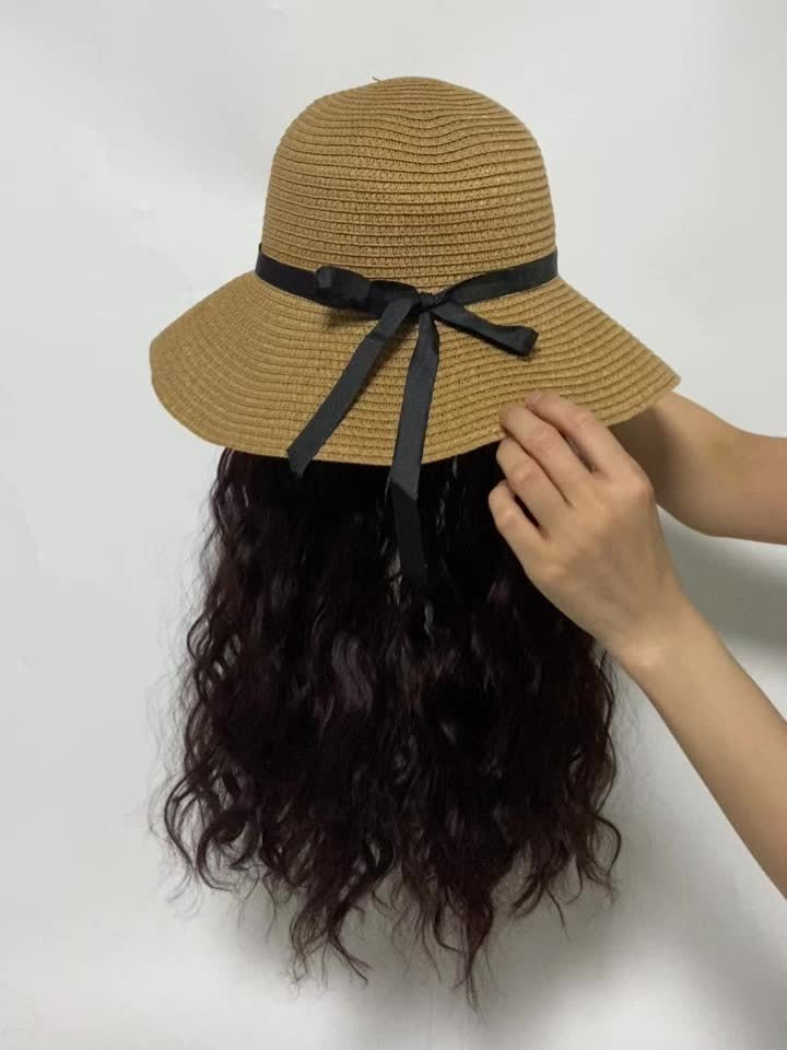 Women's Water Wave Curly Wig with Straw Sun Hat, High Temperature Fiber, Basic Closed Network Cap for All, Versatile Summer Beach Cap with Hair Extension