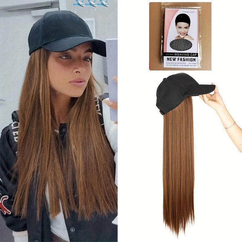 Women'S Elegant Long Straight Synthetic Wig with Adjustable Baseball Cap, High-Temperature Fiber, Comfortable Fit for Daily Casual Wear