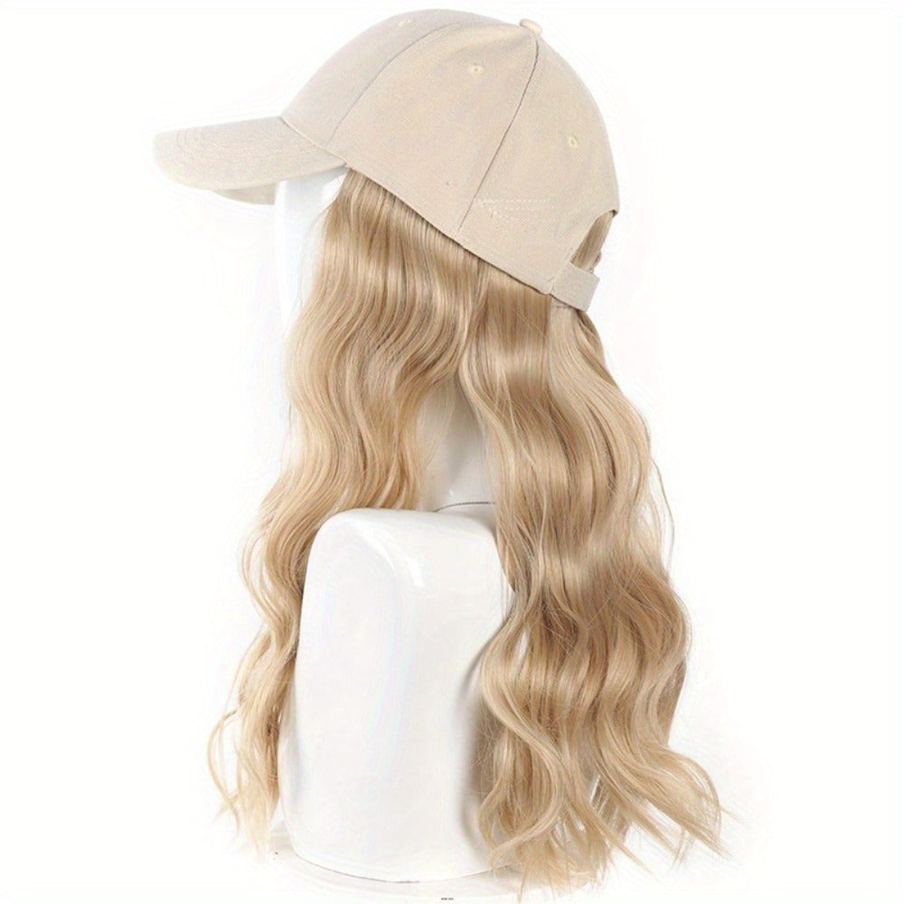 1pc Adjustable Baseball cap wig - Long Wavy Curly Hairpiece with Beige/Blonde-like color, Heat-Resistant Synthetic Fiber, All-in-One Sun Hat for Women - Lightweight for Parties, Photoshoots, Everyday & Travel - Adjustable Strap for Fit, Wig Cap
