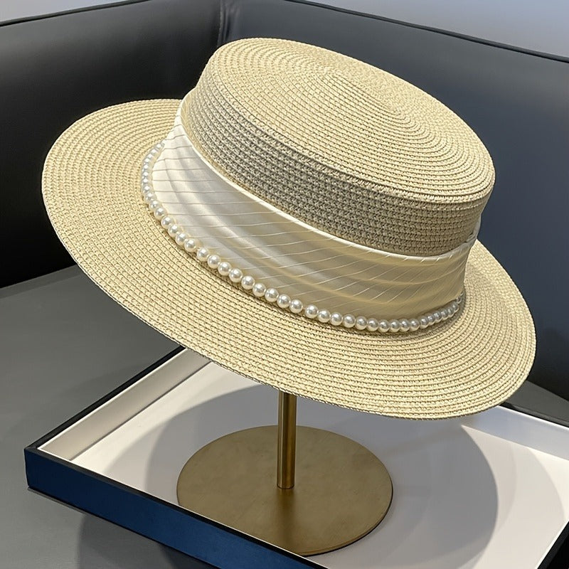 Women's Summer Straw Hat - Wide Brim Foldable Beach Hat with Embellishments, Lightweight Natural Straw Design for Outdoor Vacation & Casual Outings