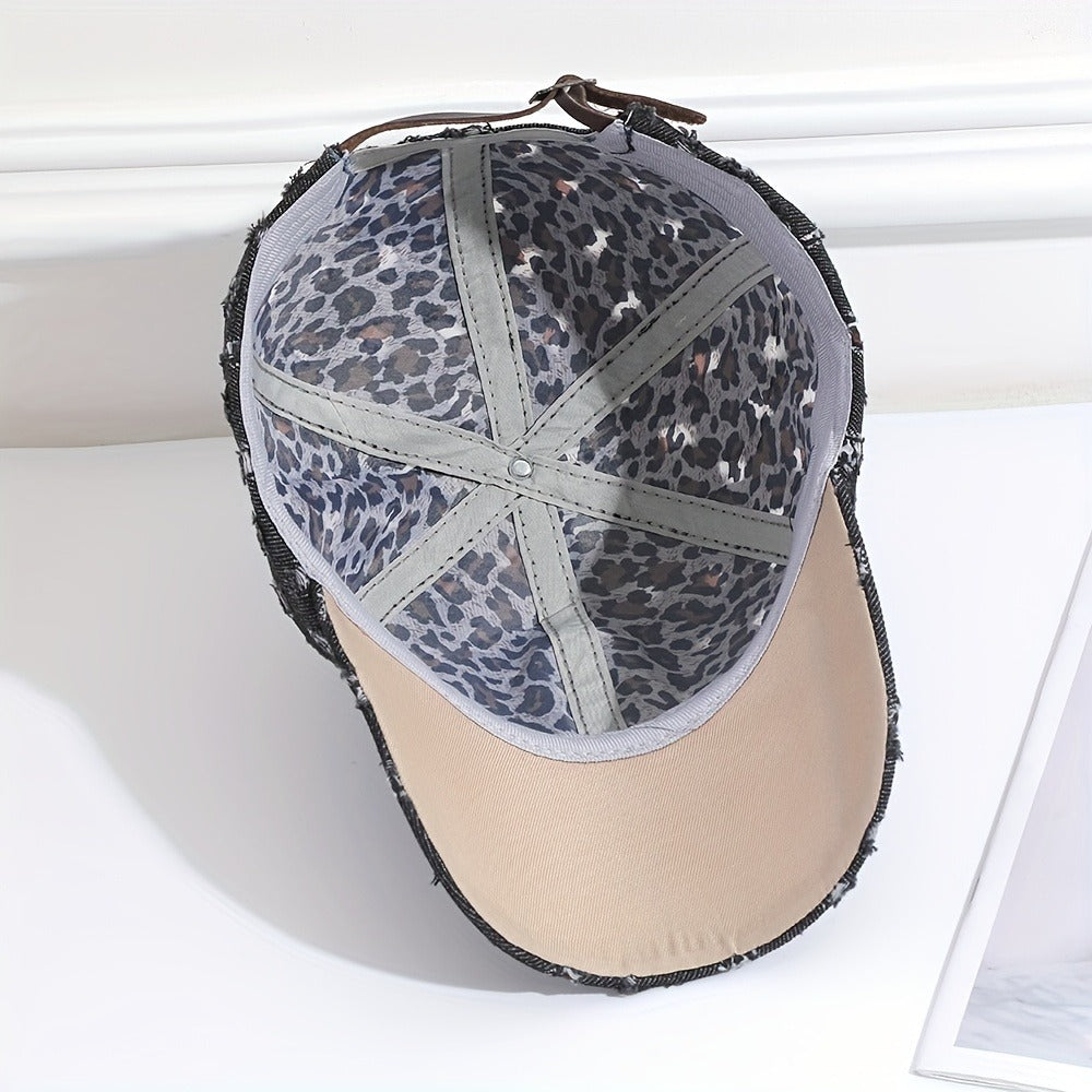 1pc New Denim Washed Baseball Cap With Holes And Old Craftsmanship Duck Tongue Cap For Both Men And Women, Sun Shading And Sun Protection Leopard Print