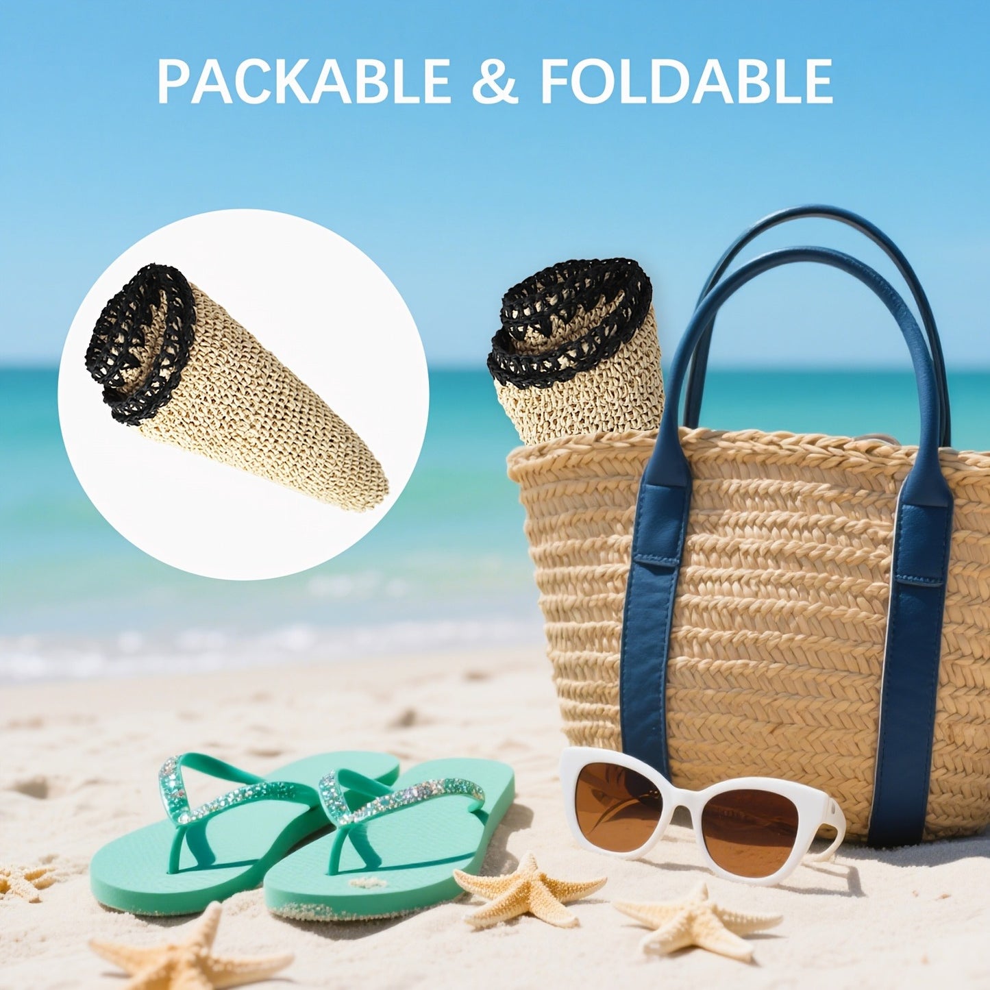 Women's Handmade Crochet Straw Sun Hat - Wide Brim Foldable Beach Hat, Lightweight Breathable Paper Material for Summer Travel, Beach & Outdoor Activities, Hand Wash Only, Beach Accessories, Portable Headwear, Natural Design, Construction