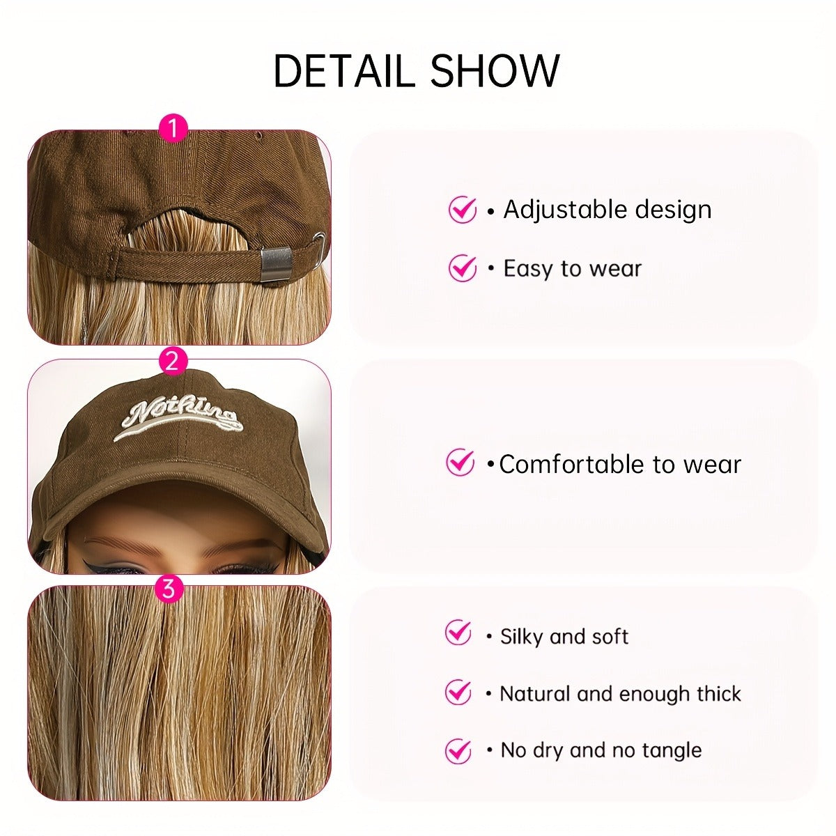 Brown Baseball Cap Plus Wig All In One, 16 Inches Long Wavy Curls Curly Hair. Suitable for Fall And Winter, Easy to Wear And Convenient, Made Of High Temperature High temperature fiber, The Wig Can Be Blown Or Curled, Good Care Of It