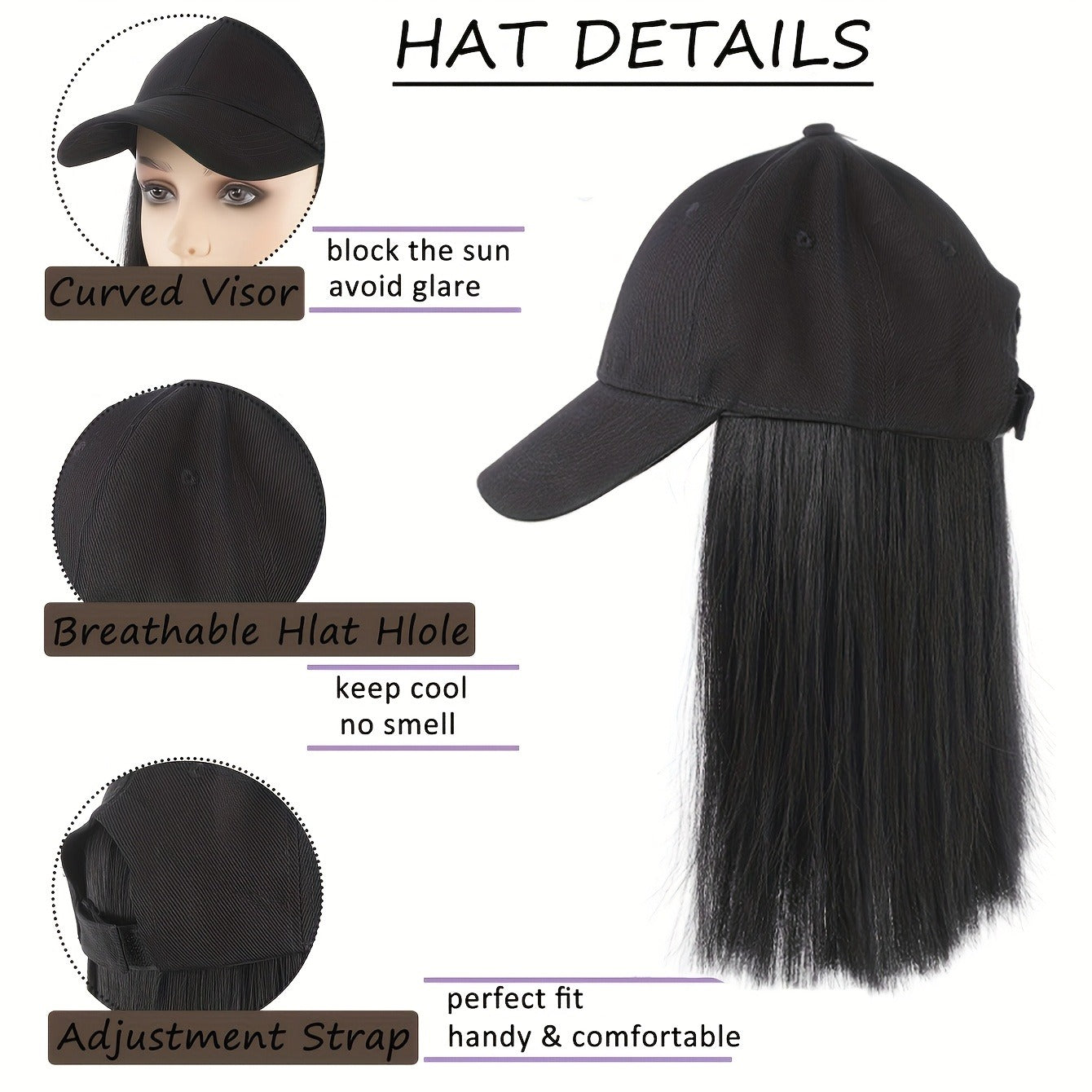 10-Inch Black Baseball Cap Wig with Short Straight Synthetic Hair Extensions - Stylish & Versatile for Women’s Daily Use, High-Temperature Fiber, Perfect for All Ethnicities