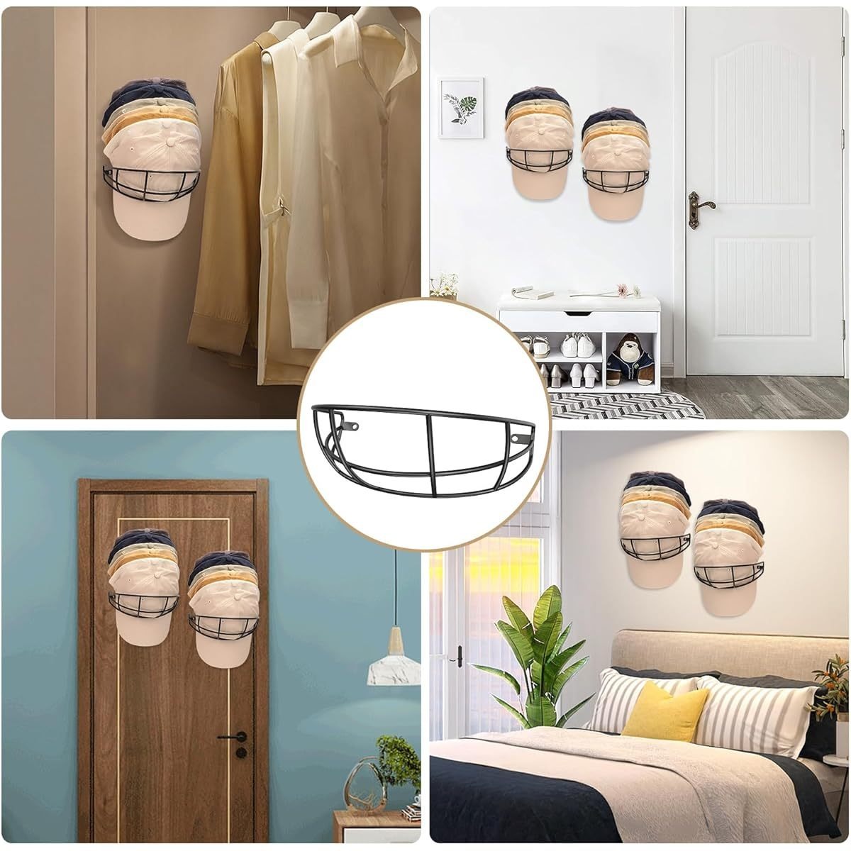Hat Racks for Baseball Cap 2- Pack Metal Hat Organizer Black Hat Holder for Wall, Hat Hangers Hat Storage Organizer Wall Mounted/ Drill Free Adhesive Cap Rack for Closet Door, Hold up to 30 Hats